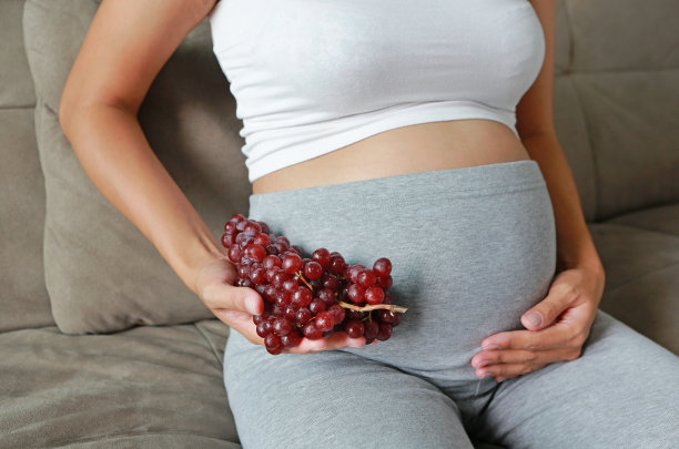 孕妇坐在沙发上，手里拿着紫葡萄。图片下载