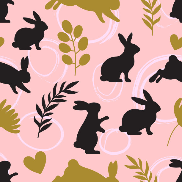 复活节兔子剪影与树叶鲜花无缝图案图片下载