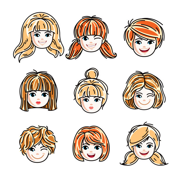 一组女人的脸，人头。不同的矢量人物喜欢红发美女和金发美女，美女的脸部特征集合。图片下载