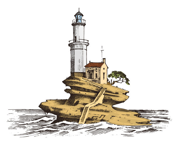 灯塔和海洋。海洋素描，航海旅行和海景。在海洋中照明。雕刻古董，手绘，大西洋潮汐波。船舶和游艇的导航图片下载