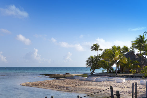 热带岛屿上的沙滩和木屋图片下载