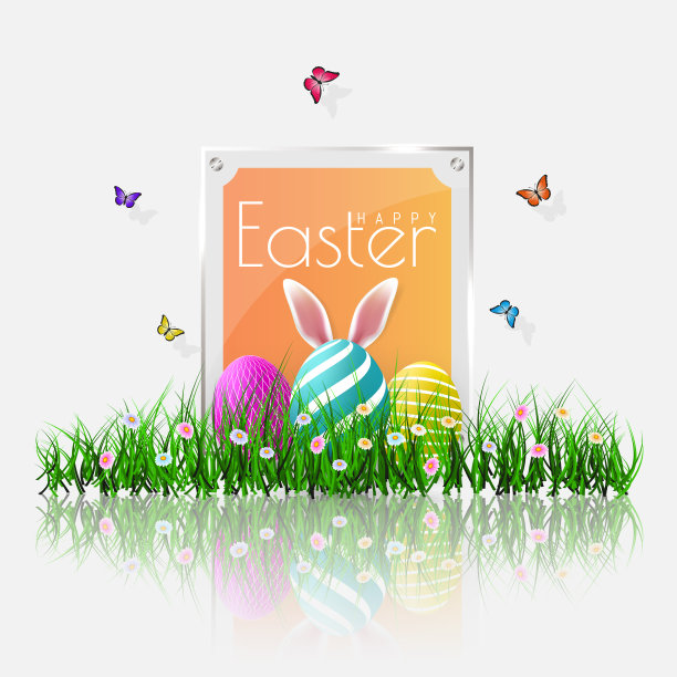复活节快乐。矢量复活节彩蛋与草，蝴蝶和花，孤立在一个灰色的背景图片下载