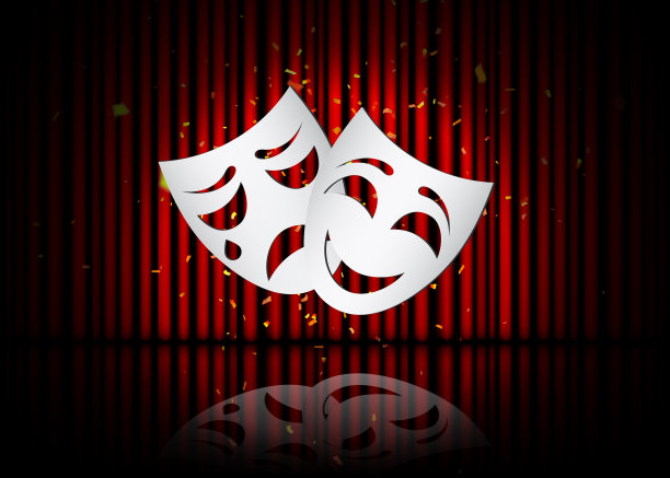 快乐和悲伤的剧场面具，用红窗帘和倒影的剧场场景。股票矢量图图片下载