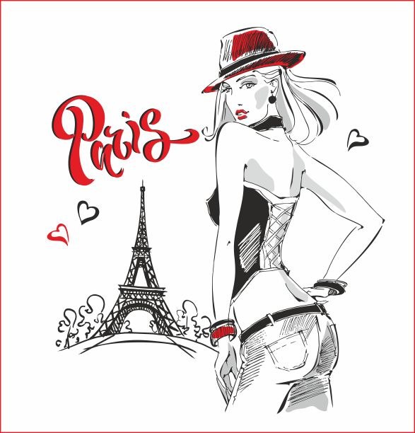 素描风格的时装模特，巴黎城市背景，美丽的女孩，励志的字母，手绘矢量插图图片下载