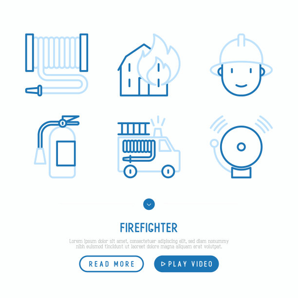 消防细线图标设置:火灾，灭火器，软管，消防栓，消防车。现代矢量插图横幅，网页，印刷媒体。图片下载