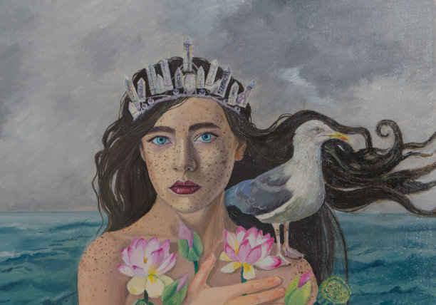 布面油画，蓝眼睛的女孩，鲜花和小鸟图片下载