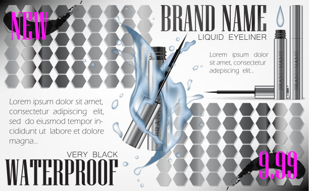 3d逼真的眼线笔矢量在银色的情况下与水飞溅。银粉色的传单。优雅的液体唇线笔刷。为广告或杂志背景模拟模板。图片下载