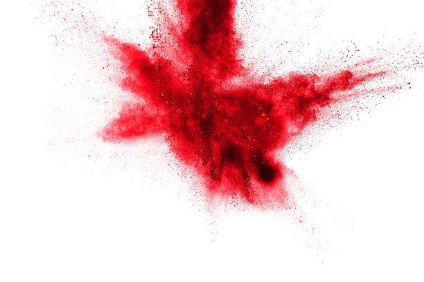 摘要白底红尘爆炸。抽象的红色粉末飞溅在白色背景上，红色粉末飞溅的冻结运动。图片下载