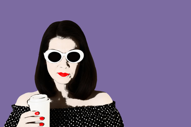 波普艺术风格的照片。一个穿着黑白相间的裙子，带着白色的太阳镜，拿着一杯咖啡的女人。图片下载