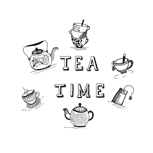 茶时间概念在素描风格，手绘矢量插图图片下载