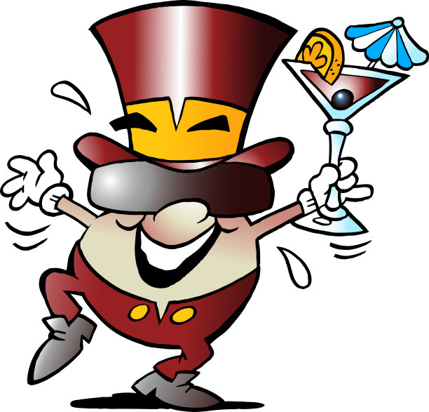 卡通矢量插图的快乐金蛋吉祥物庆祝它与鸡尾酒饮料图片下载