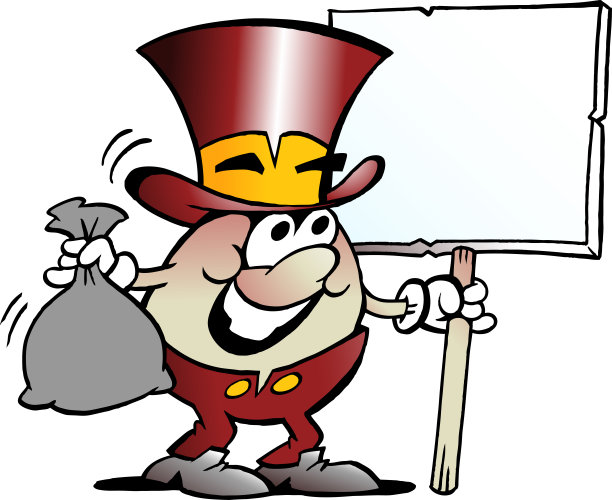 卡通矢量插图的一个快乐的金蛋吉祥物举着一个大的标志图片下载