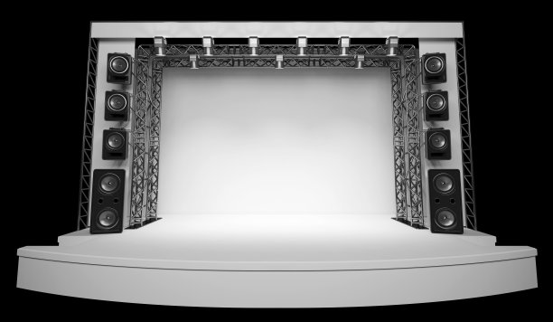 一个空的场景，白色的背景，音响和灯光。图片下载