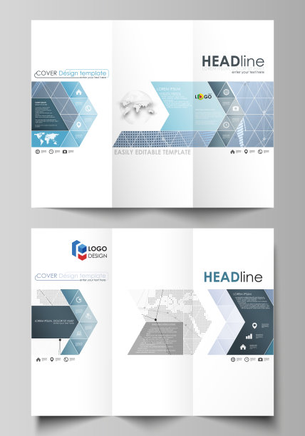 极简抽象的矢量插图可编辑布局的两个创造性的三折小册子涵盖设计业务模板。世界地球仪是蓝色的。全球网络连接，线和点图片下载