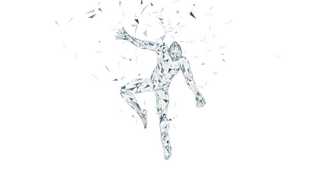 概念抽象的人在空中翱翔。连在一起的线，点，三角形，白色上孤立的粒子。人工智能的概念。高科技矢量，数字背景。3 d渲染向量素材图片