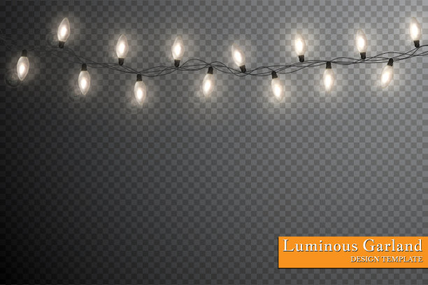 彩色花环，节日装饰品。明亮的圣诞灯孤立在透明的背景图片下载