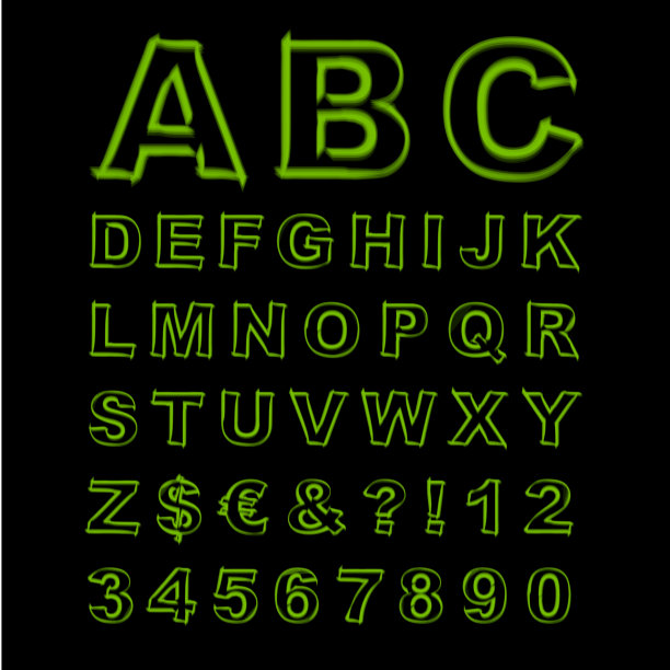 模糊霓虹矢量字体。黑色背景上的绿色字母、标志和数字图片下载