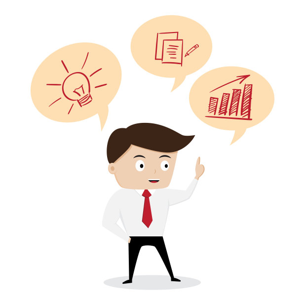 卡通人物，穿着白色衬衫和红色领带的商人展示一些想法，过程，销售营销，矢量插图图片下载