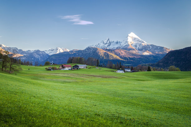 春天，阿尔卑斯山的田园风光和碧绿的草地图片下载