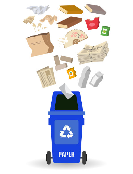 白色背景上有纸垃圾的容器。素材图片
