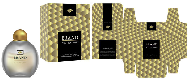 包装设计，化妆品容器上的标签与黑色和金色豪华盒模板和模型盒。说明向量。图片下载