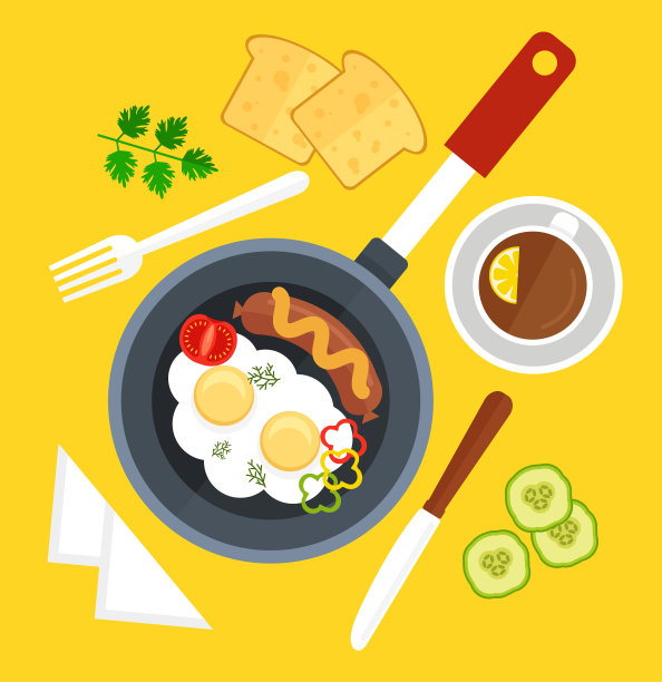 炒鸡蛋用香肠、番茄和胡椒粉片在平底锅中煎制而成。餐桌上放着柠檬茶、餐巾、面包、刀叉。早上好，早餐概念图片下载