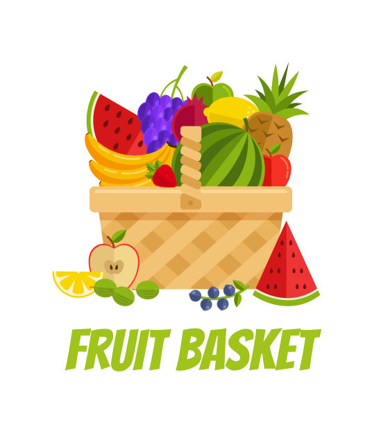 柳条篮子里装满了水果:醋栗、石榴、柠檬、橘子、苹果、香蕉、葡萄、菠萝、草莓、西瓜。农业园林种植概念图片下载