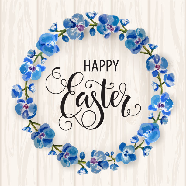 复活节快乐字，彩蛋彩绘。春假，复活节背景，花开树。矢量插图EPS10。图片下载