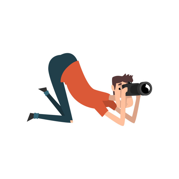 开朗的男性摄影师与照片相机跪着拍一张图片向量插图在白色的背景图片下载