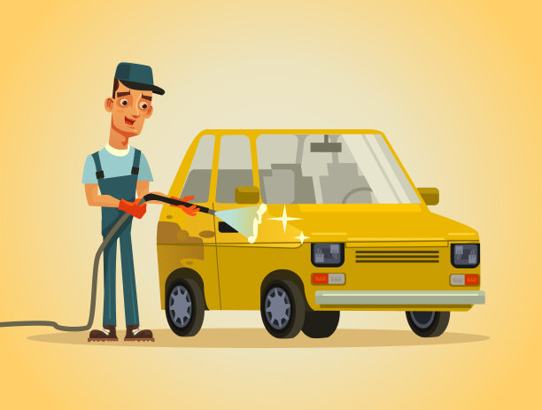 快乐微笑的工人，服务人员，洗衣机员，人物，用软管，泡沫，水喷雾，洗车。汽车服务站洗车概念图片下载