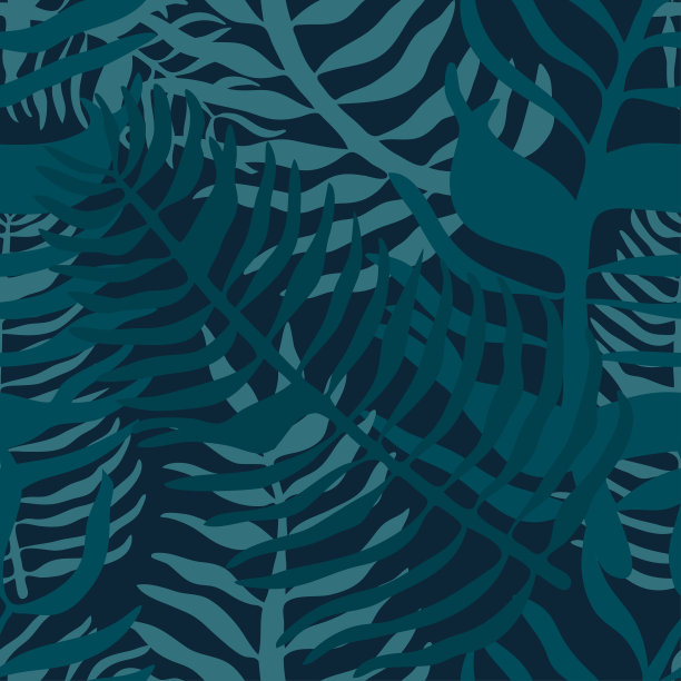 热带无缝模式与棕榈叶。夏季花卉图案与绿色的棕榈叶在黑暗的背景素材图片