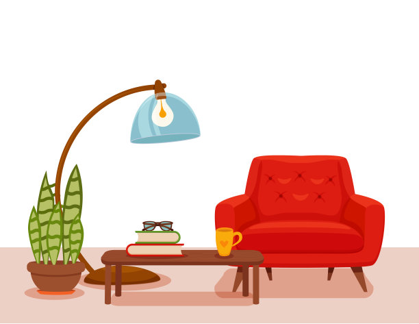 室内配有扶手椅盆栽，落地灯。素材图片