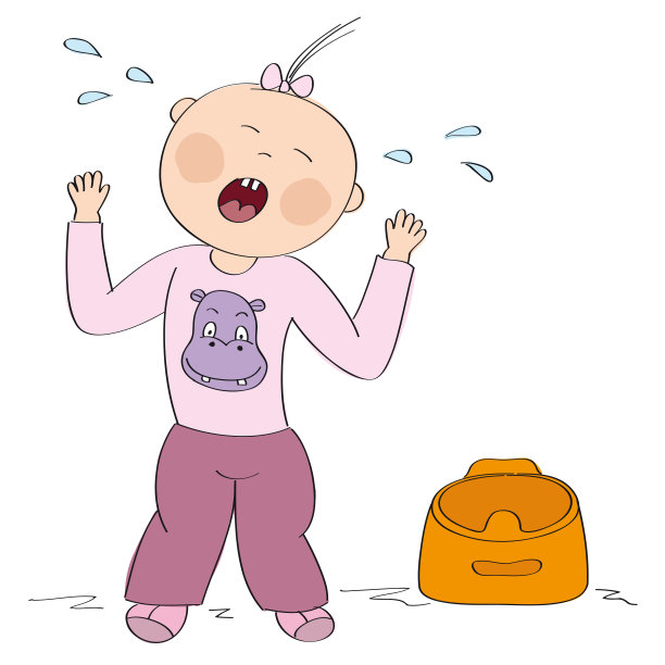 小孩不想用锅子。小女孩站着，哭着，发脾气。图片下载