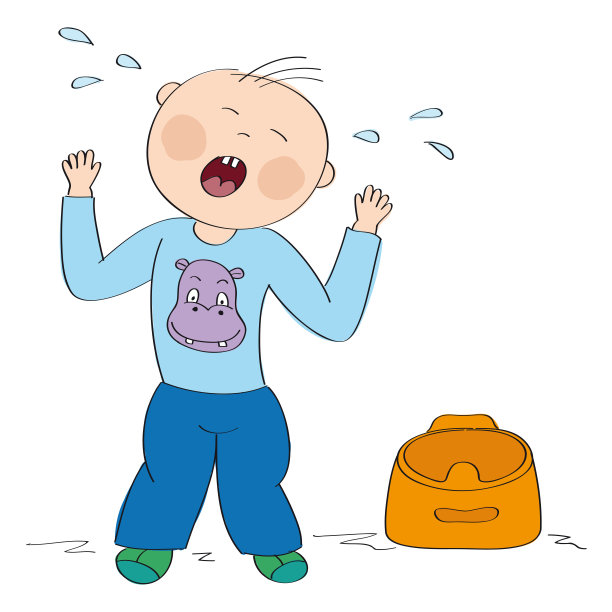 小孩不想使用锅子。小男孩站着，哭着，发脾气。图片下载