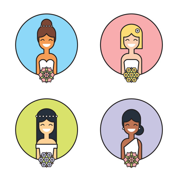 可爱的卡通微笑新娘婚礼轮廓矢量图标集图片下载