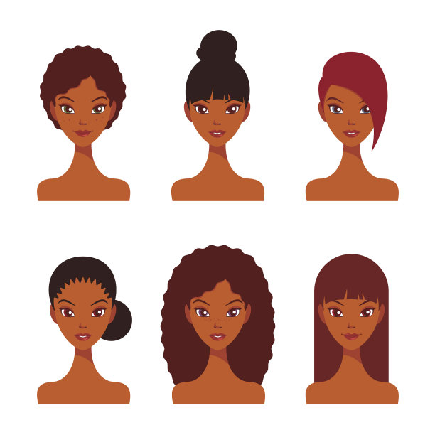 漂亮的年轻黑人妇女面对各种各样的发型美丽向量插图集图片下载