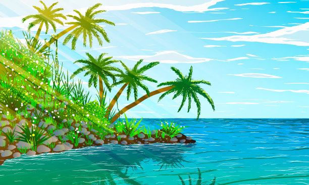 热带海岸的植物，棕榈树和鲜花在阳光下。图片下载