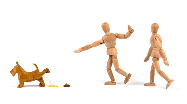 木制人体模型和狗屎问题——狗在街道上弄脏粪便或家居用品图片下载
