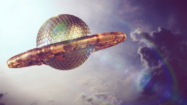 UFO，科幻场景中有外星飞船在天空中，外星访客在飞碟中(三维空间插图)图片下载