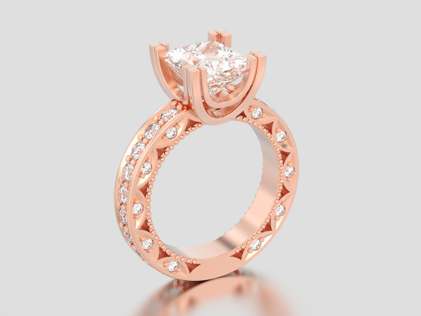 3D插图玫瑰金通道公主切割钻石订婚装饰戒指图片下载