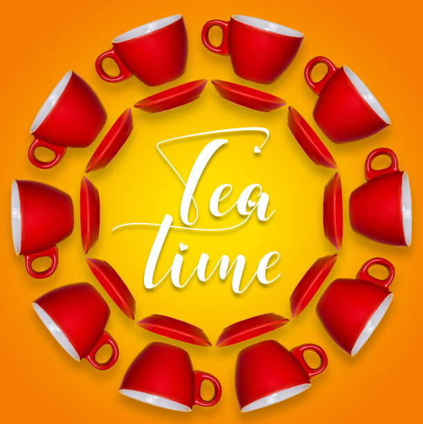 橙色背景上的红色杯子和碟子的创意布局。文本的下午茶时间图片下载