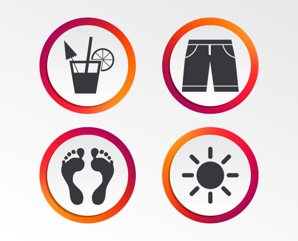 海滩假期图标。鸡尾酒,人类的足迹。图片下载