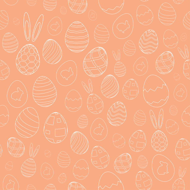 复活节彩蛋，兔子耳朵和兔子无缝图案。橙色背景。矢量插图。图片下载