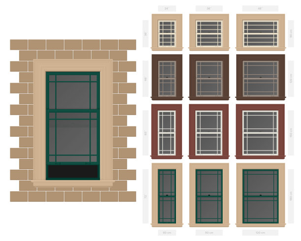 向量单悬草原风格典型的窗户设置不同的大小和颜色图片下载