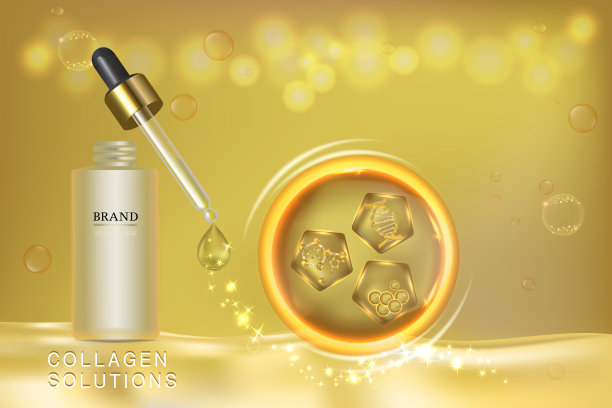 黄金化妆品容器与广告背景准备使用，胶原蛋白溶液护肤广告，矢量3d插图。图片下载