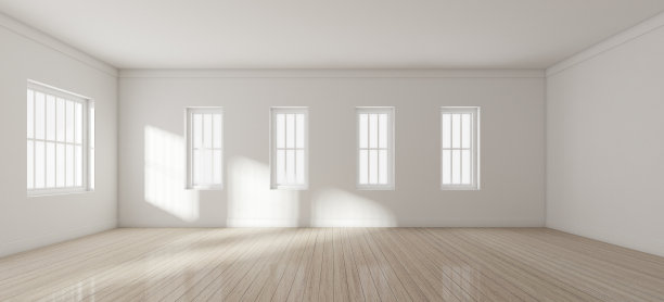 白色房间内部和木地板的3D渲染，阳光投射在墙壁上，极简设计建筑的透视图片下载