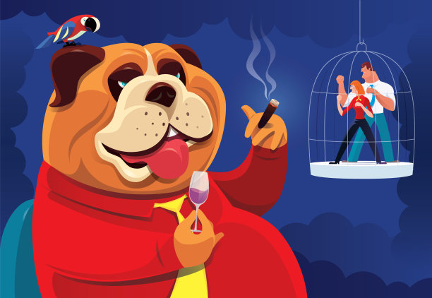 斗牛犬老板与关在笼子里的商业夫妇图片下载