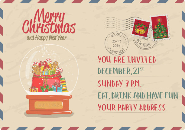 邮票及邮戳的经典圣诞明信片图片下载