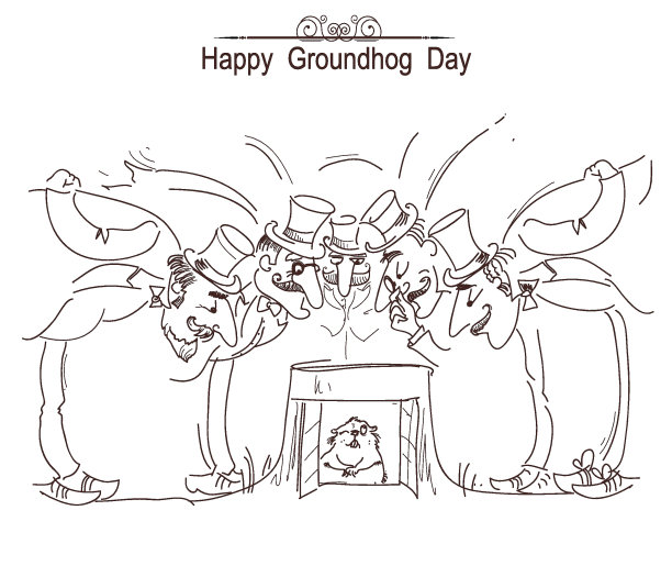 土拨鼠日快乐卡片上有一群戴圆筒帽的男人和土拨鼠图片下载