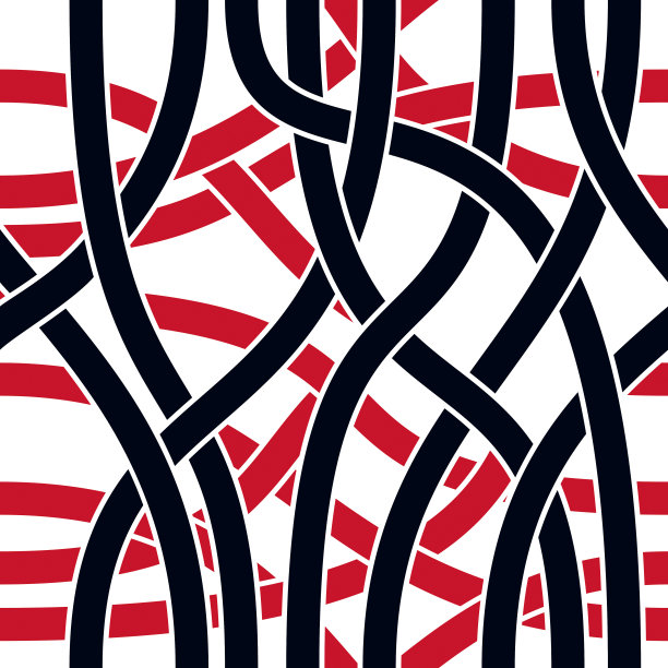 纠结的曲线线条无缝图案，向量重复无尽的背景，艺术条纹时髦的瓷砖墙纸图案。可用于织物，墙纸，包装，网和印刷。红色和黑色样品样本。素材图片